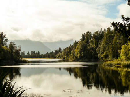 reflection of green trees on lake, water.の写真素材