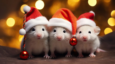 three white mice posing with Santa hats. Merry Christmasの素材