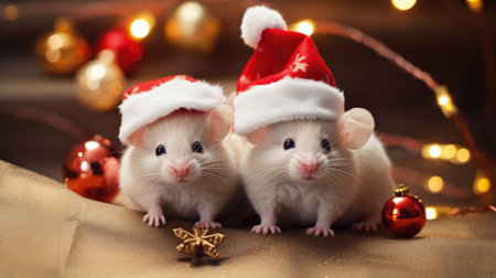 two white mice posing with Santa hats. Merry Christmasの素材