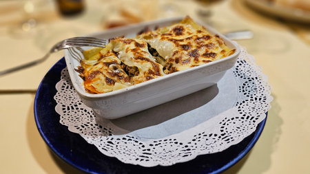 lasagna dish with minced meat and parmesan cheeseの写真素材