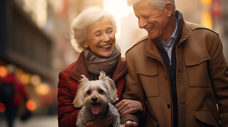 Two elderly people with a dog in their arms, walking down the streetの素材
