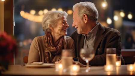 Two old men sitting in a restaurant, looking into each eyesの素材