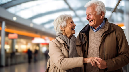 Two old men at the airport smiling and looking at each facesの素材