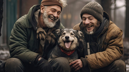 Happy men with dog in the park. They are sitting on the ground and laughing.の素材