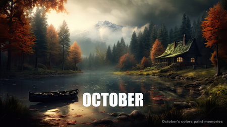 Calendar of a forest with a cabin and a lake. Octoberの素材