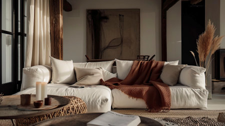 Elegant Living Room with Cozy White Sofa and Rustic Decor Elementsの素材