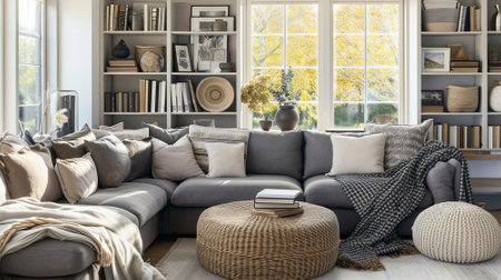 Elegant Living Room with Cozy Sofa and Autumn Viewの素材