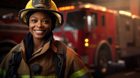 Young African American female firefighter working on a street fire. copy spaceの素材