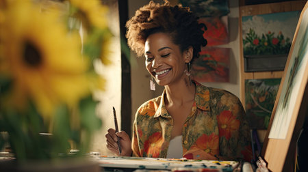Young African American woman painting an oil painting in a workshop. copy spaceの素材
