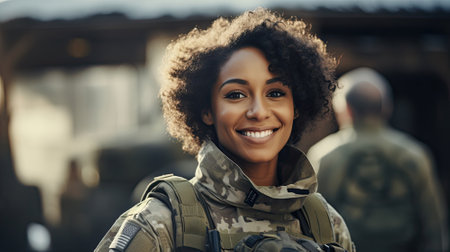 Young African-American woman in the military, on a base. copy spaceの素材