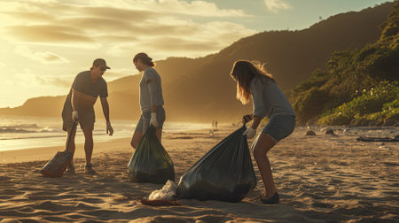 Three friends cleaning up a beach, littered with plastic trash and cans. sustainabilityの素材