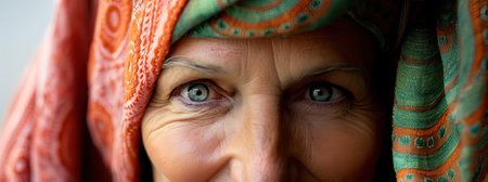 Close-up close-up of woman with green eyes and turban on her headの素材