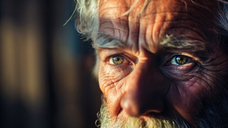 Close-up close-up of elderly man looking pensiveの素材