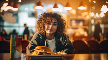 a girl sitting at a table in a vegan hamburger restaurant eating a hamburger and friesの素材