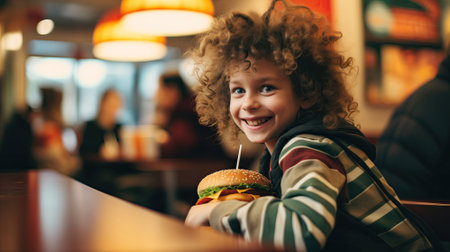 a girl eating a vegan hamburgerの素材