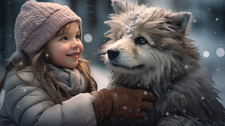 A little girl with a hat and a dog, playing in a snowy forest, looking at each otherの素材