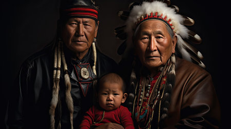 Two Native American elders with a child in their armsの素材