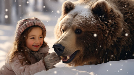 A girl playing with a brown bear in a snowy forestの素材