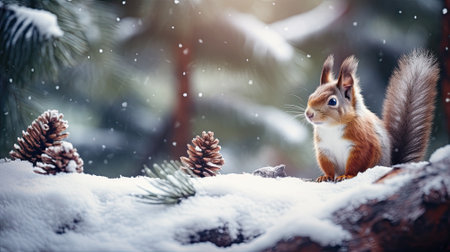Squirrel sitting on a branch with pine cones in winter forest.の素材
