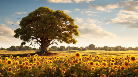 Sunset in a sunflower field with a large tree in the centerの素材