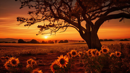 Beautiful sunset, shaded by a tree, in a field of sunflowersの素材