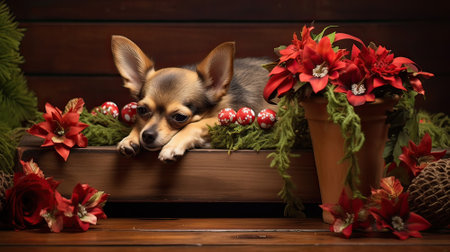 Dog surrounded by flowers on a tableの素材