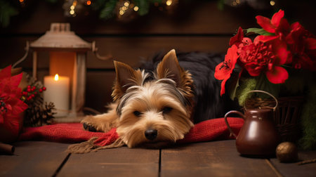 Yorkie dog, sleeping and surrounded by Easter flowersの素材