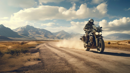 Large displacement motocross motorcycle riding on a mountain roadの素材