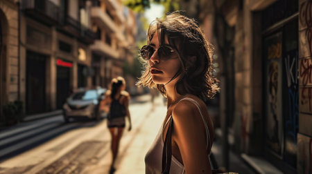 Anonymous Figure Walking on Sunlit Urban Streetの素材