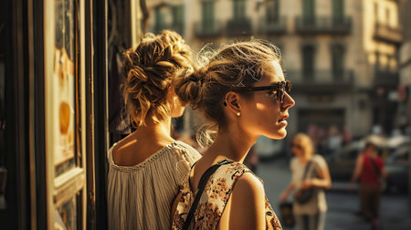 Friends Exploring City Street in Golden Hourの素材