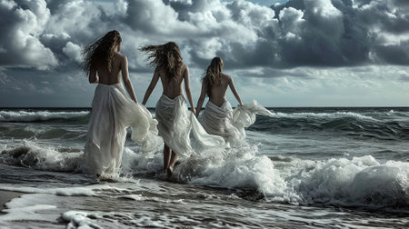 Ethereal Beauty: Friends Amidst Ocean Wavesの素材