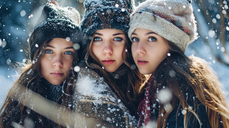 Winter Wonderland: Friends Enjoying Snowfall Togetherの素材