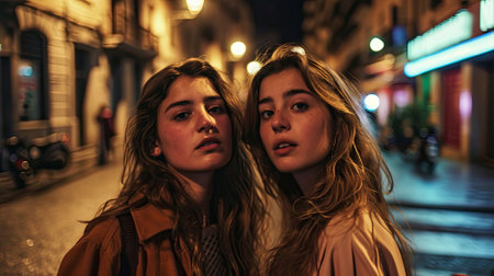 Friends Enjoying a Leisurely Evening City Strollの素材