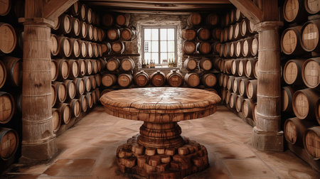Vintage Wine Cellar with Wooden Barrels and Elegant Tableの素材