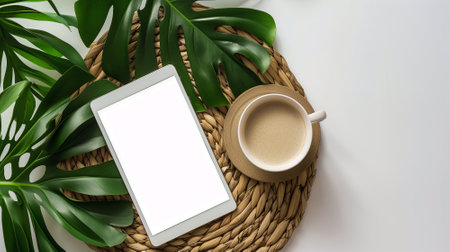 Modern Workspace with Coffee, Tablet, and Tropical Greeneryの素材