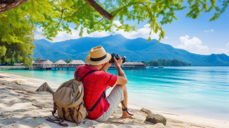 Photographer Capturing Serene Tropical Beach, Overwater Bungalows, and Mountain Sceneryの素材