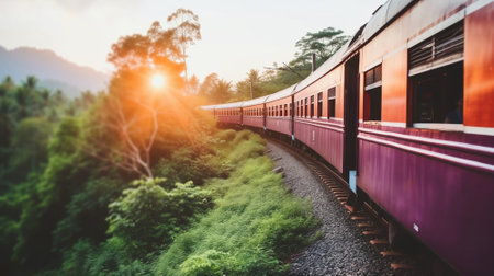 Sunset Journey: A Train Ride Through Picturesque Landscapesの素材