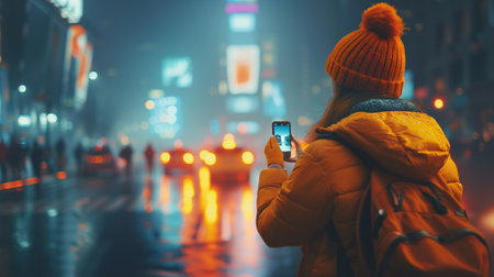Illuminated Cityscape, Woman Capturing Night Lightsの素材
