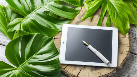 Digital Tablet Amidst Lush Green Foliage, A Blend of Nature and Technologyの素材