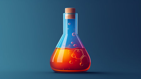 A glass beaker filled with a blue and orange liquid. The liquid is bubbling and has a scientific appearanceの素材