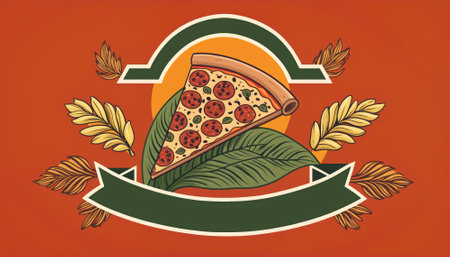 A pizza slice is on a red background with a green ribbon. The pizza slice is surrounded by leaves and a leafy green stem. fast food restaurant, marketing, menuの素材