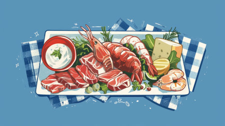 A plate of food with shrimp, cheese, and meat. Scene is light and cheerfulの素材