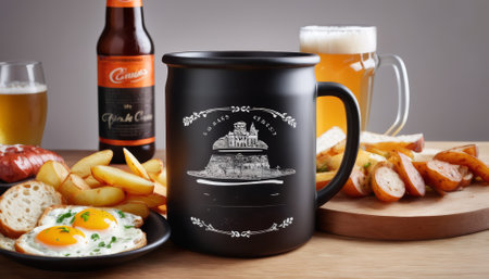 A black coffee mug with a picture of a city on it sits on a table with a plate of eggs, French fries, and sausages. Restaurants, menus, marketing, lettersの素材