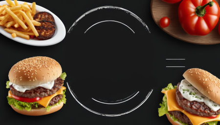 A black background with a hamburger, a plate of fries, and a plate of meat. Restaurants, menus, marketing, lettersの素材