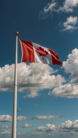 A Canadian flag flies high in the sky. The sky is mostly cloudy, but the sun is shining through the clouds. The flag is red and white and flutters in the wind. Canadaの素材