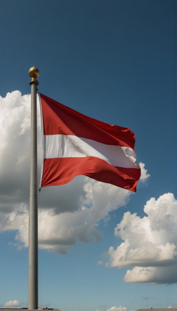 A red and white flag flies in the sky. The flag is on a pole and the sky is blue with some clouds. Austriaの素材