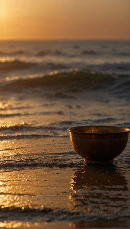 A large bowl is sitting on the beach at sunset. The bowl is empty and the water is calm. The scene is peaceful and serene, with the sun setting in the backgroundの素材