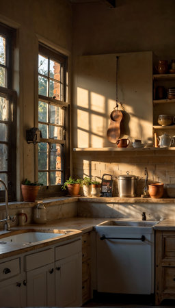 A kitchen with a sink, a dishwasher, and a window. The window is letting in sunlight, and the kitchen is well-litの素材