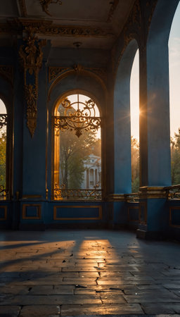 A large room with blue walls and gold trim. The room is empty and has a very elegant and sophisticated feelの素材