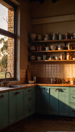 A kitchen with a window and shelves full of pots and pans. The kitchen is bright and sunny, with the light shining through the window and illuminating the spaceの素材
